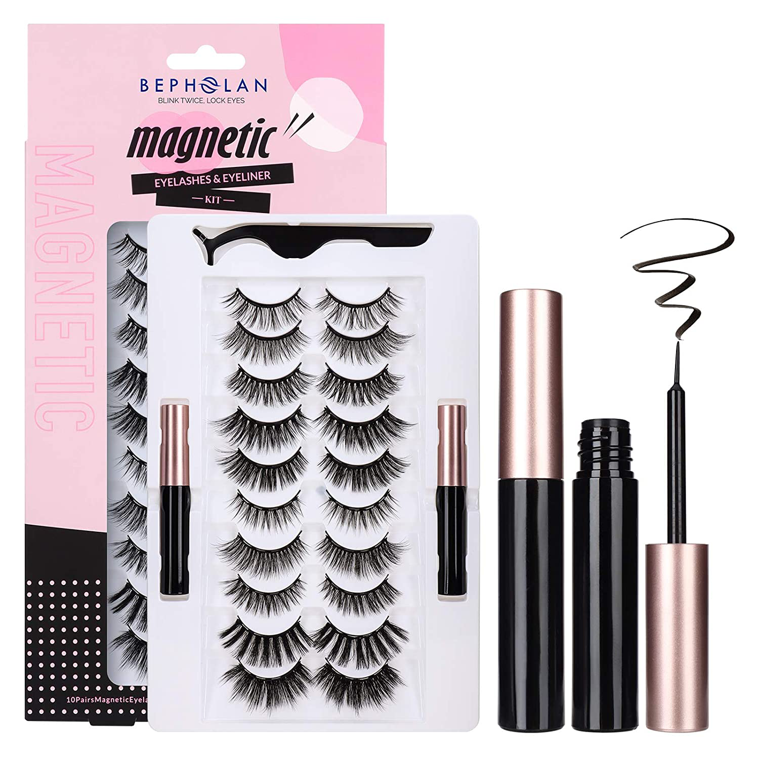 BEPHOLAN Magnetic Eyelashes with Eyeliner Kit, 5 Styles and Comes with 2 Tubes of Magnetic Eyeliner, Safe Ingredients&Comfortable, No Glue&Easy to Use, Magnetic Eyelashes Set Five