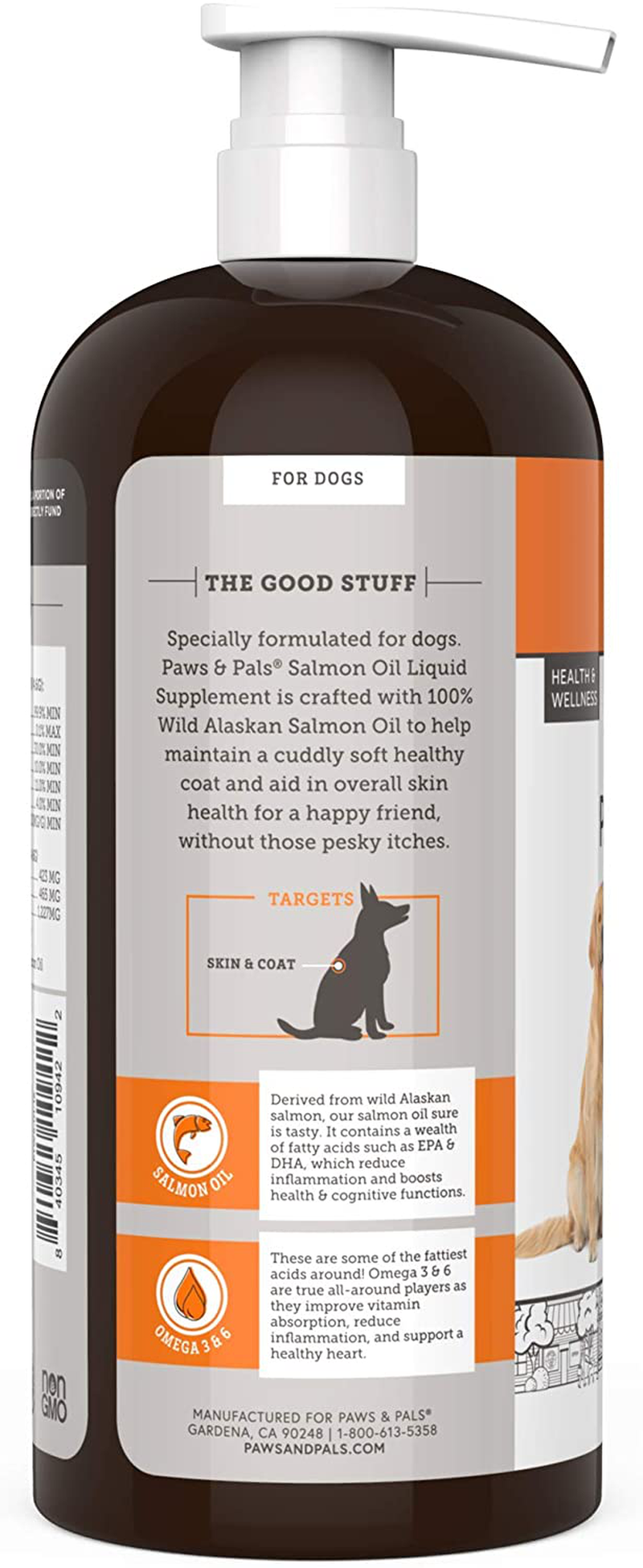 Paws & Pals Wild Alaskan Salmon Oil for Dogs & Cats - 100% Pure Fish Oil Liquid Food w/Omega 3 & Natural EPA + DHA