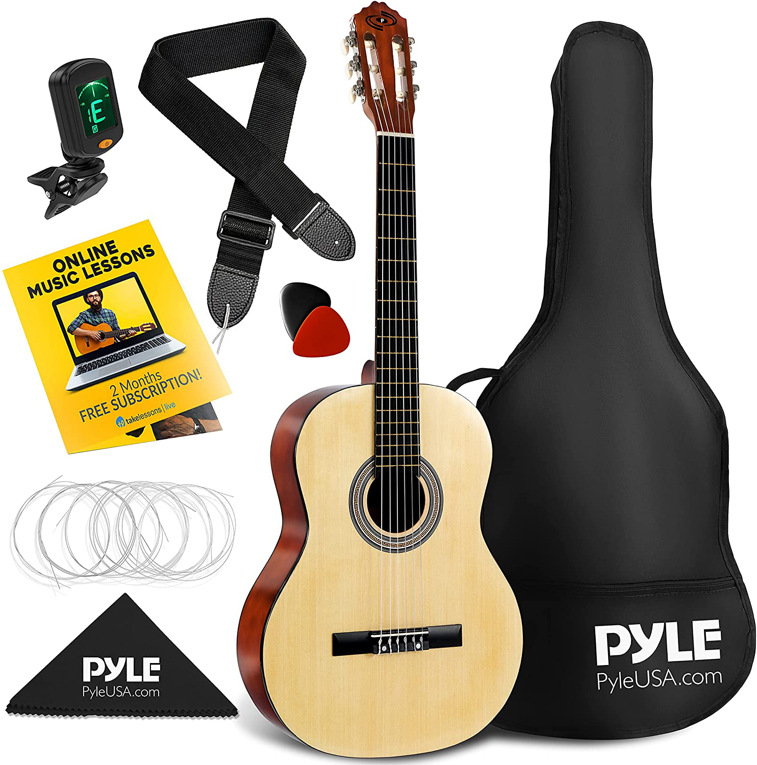 Beginner 30” Classical Acoustic Guitar - 1/4 Junior Size 6 String Linden Wood Guitar W/ Gig Bag, Tuner, Nylon Strings, Picks, Strap, for Beginners, Adults - Pyle PGACLS30