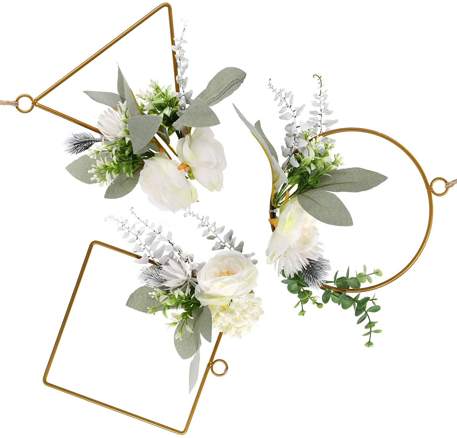 TOPZEA Set of 3 Floral Hoop Wreath, Artificial White Hydrangea Flower with Willow Leaves Hanging Wall Hoops Wreath Greenery Garland for Nursery, Wedding, Home Decor