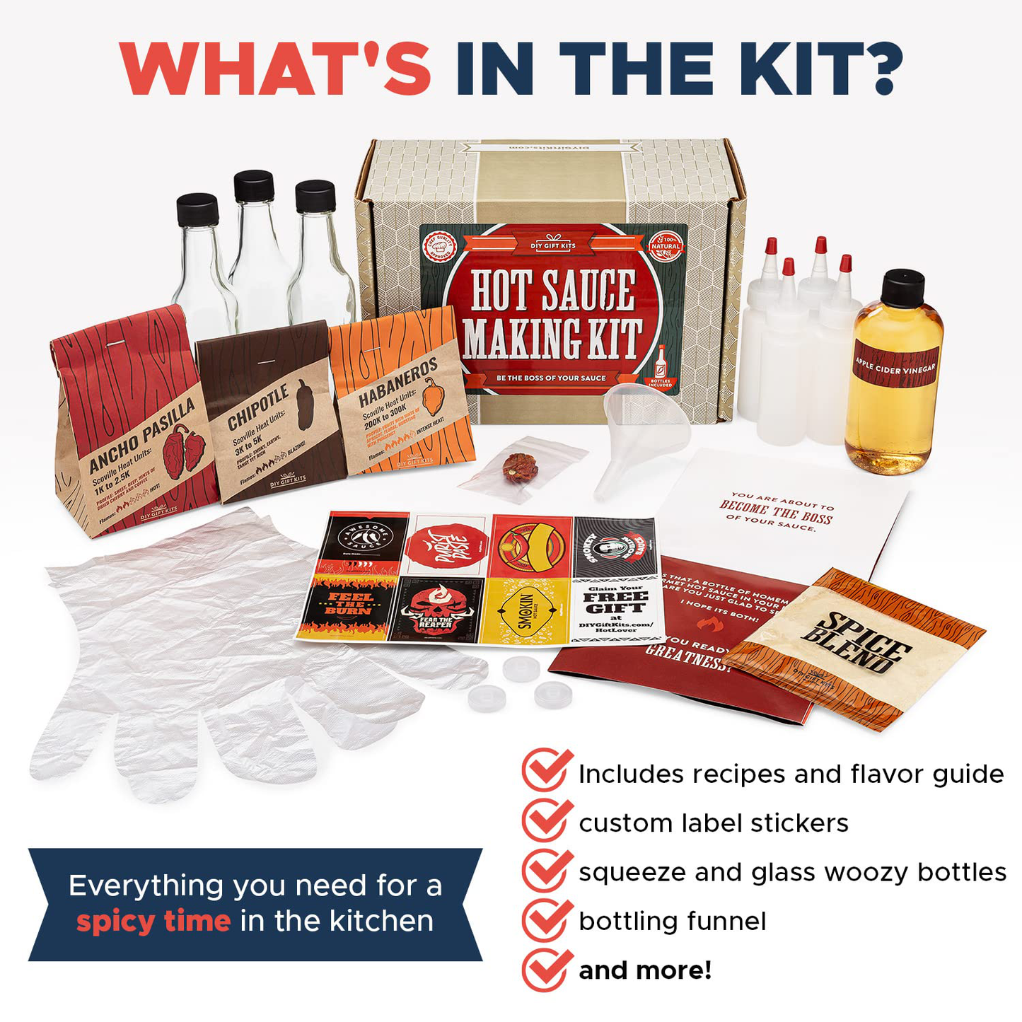 DIY Gift Kits Hot Sauce Making Kit, 26 Piece Set, Gourmet Spicy Gift Set for Men, Featuring 5Th Generation Heirloom Peppers & Spice Blends, Natural & GMO Free, Recipe Book, Storing Bottles