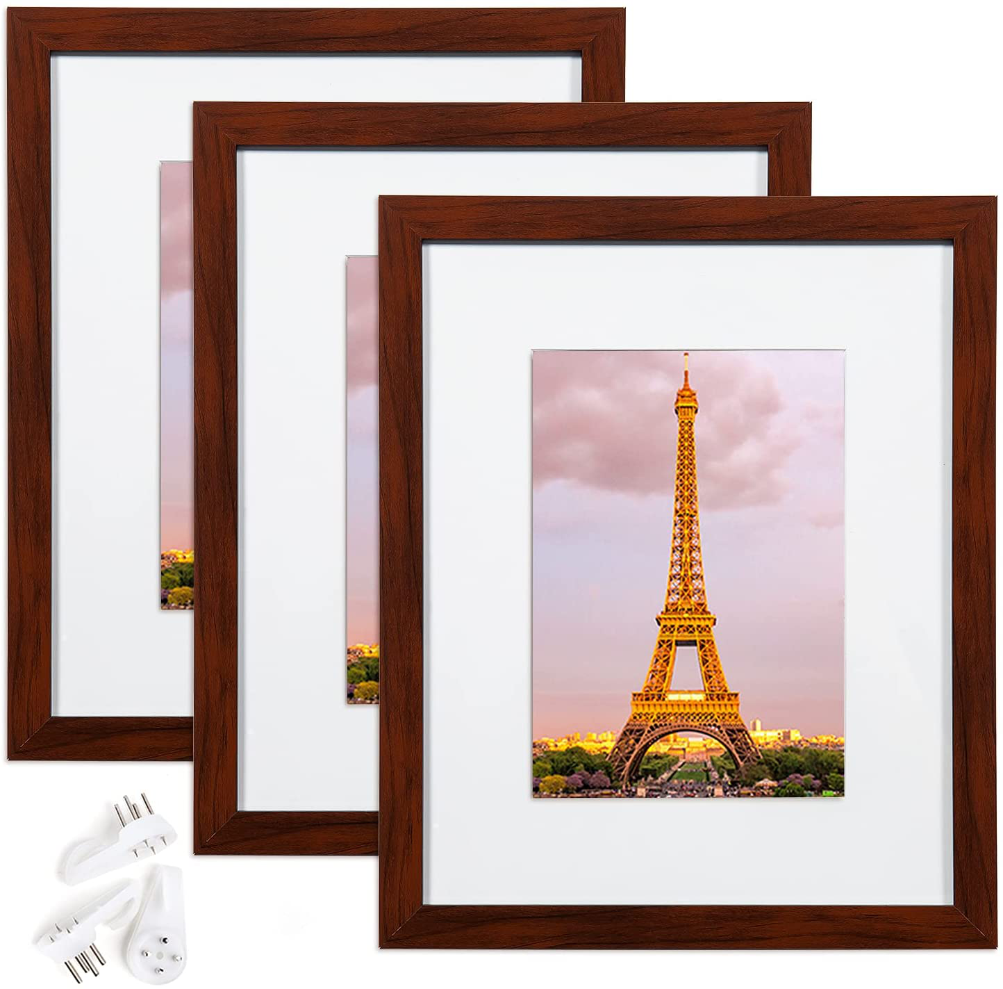 upsimples 8x10 Picture Frame Set of 3,Made of High Definition Glass for 5x7 with Mat or 8x10 Without Mat,Wall Mounting Photo Frame Red Brown