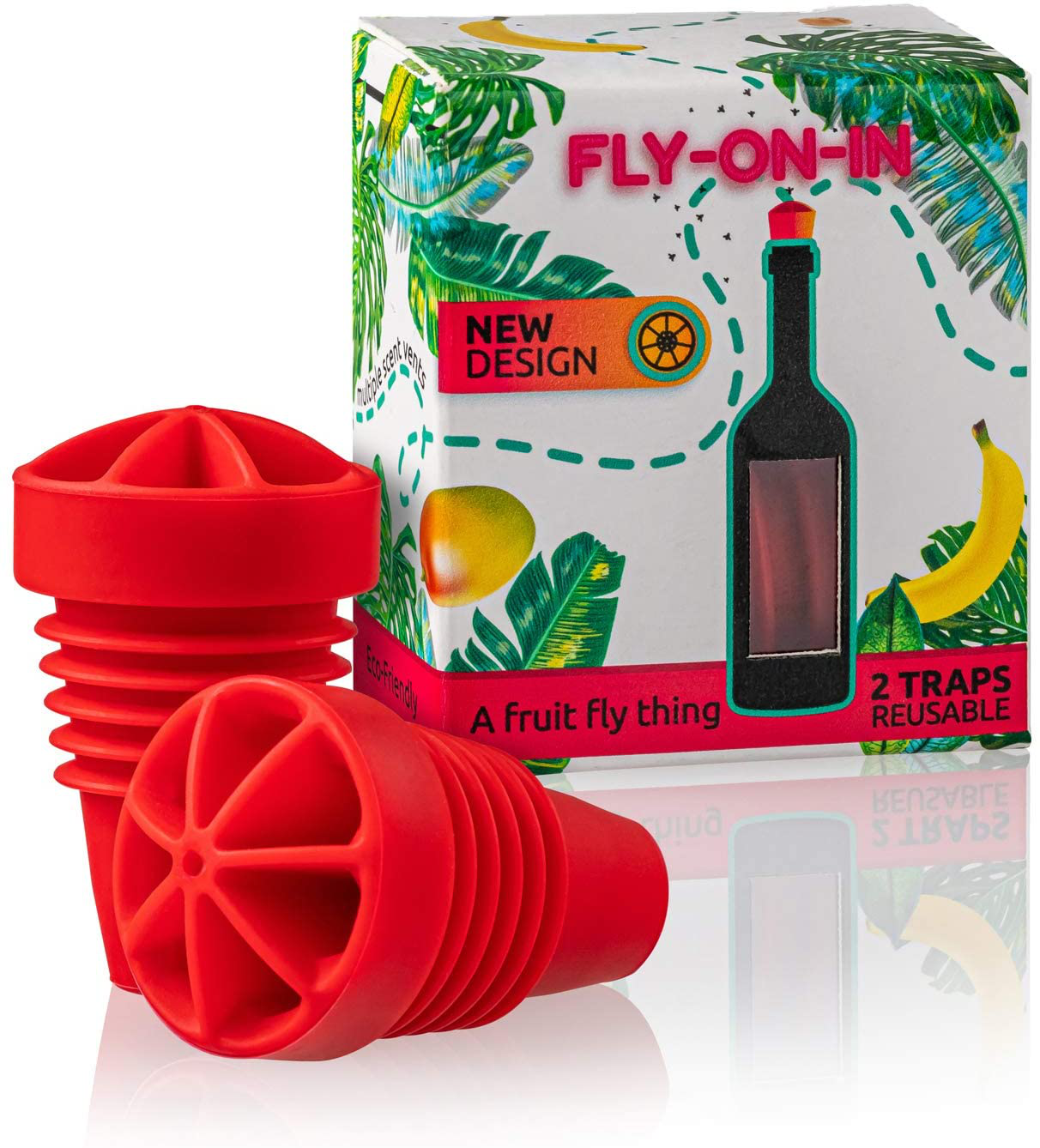FLY ON IN Fruit Fly Traps - Upgraded, Eco-Friendly Non-Toxic Indoor Outdoor Catcher (2 Reusable Traps, Red)