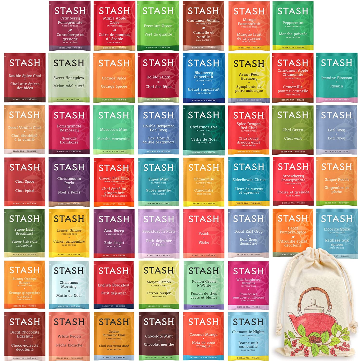 Tea Bags Variety Pack - Herbal and Decaf - Caffeine Free Assorted Teas - Tea Sets for Women and Men - 50 Ct, 25 Different Flavors - 100% Handmade Cotton Pouch Included