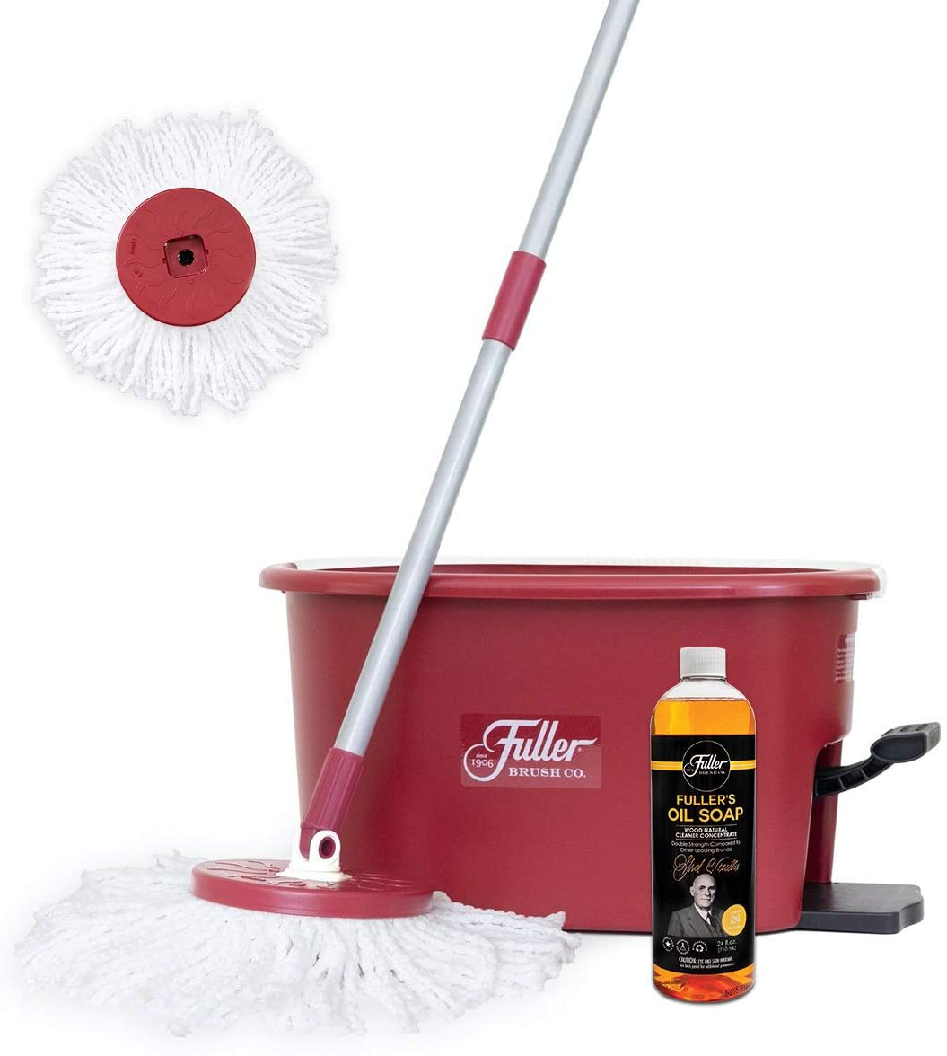 Fuller Brush Spin Mop Bucket System - Easy Wring, 360° Spin - Streak Free Floor Cleaning - 2 Microfiber Mop Heads – Plus Fuller’s Double Strength Oil Soap