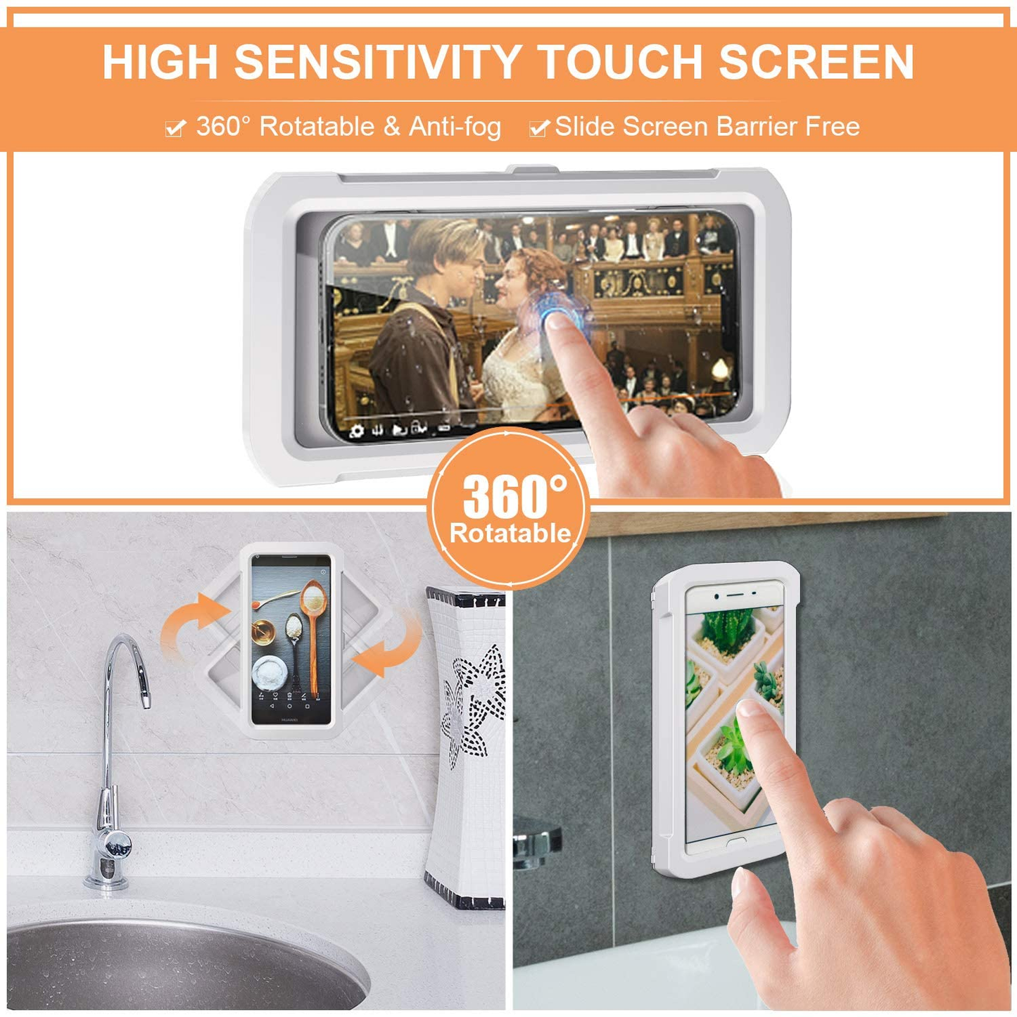 Shower Phone Holder Waterproof, Shower Phone Case Mount Anti-Fog Touch Screen Phone Shower Holder for Bathroom Bathtub Wall Mirror, Compatible with Iphone Samsung All Smartphones