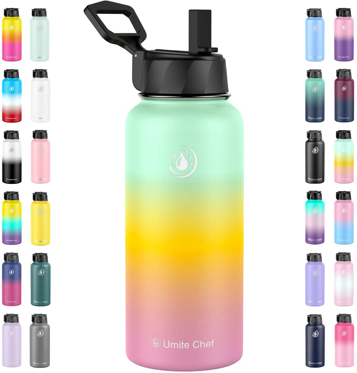 Umite Chef Water Bottle, Vacuum Insulated Wide Mouth Stainless-Steel Sports 18-64OZ Water Bottle with New Wide Handle Straw Lid,Hot Cold, Double Walled Thermo Mug