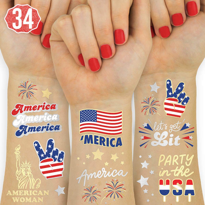 Xo, Fetti Fourth of July Party Supplies Temporary Tattoos - 34 Glitter Styles | American Flag, 4Th of July