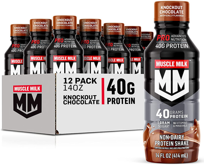 Muscle Milk Pro Advanced Nutrition Protein Shake, Knockout Chocolate, 14 Fl Oz Bottle, 12 Pack, 40G Protein, 1G Sugar, 16 Vitamins & Minerals, 6G Fiber, Workout Recovery, Packaging May Vary