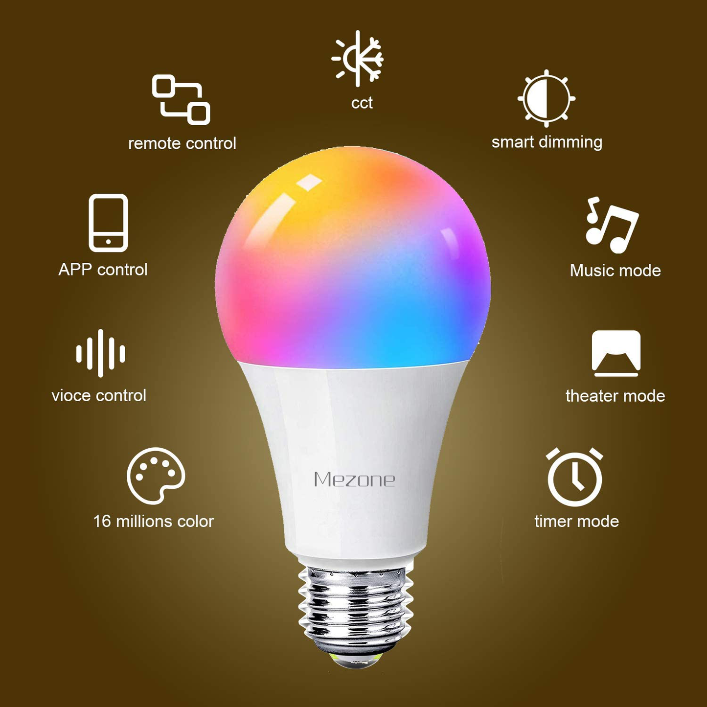 Smart Wifi Light Bulb,Compatible with Alexa & Google Home, Mezone E26 RGB Color Changing Light Bulb with APP ,No Hub Required,Dimmable Smart Led Bulb A19 7W 60W Equivalent
