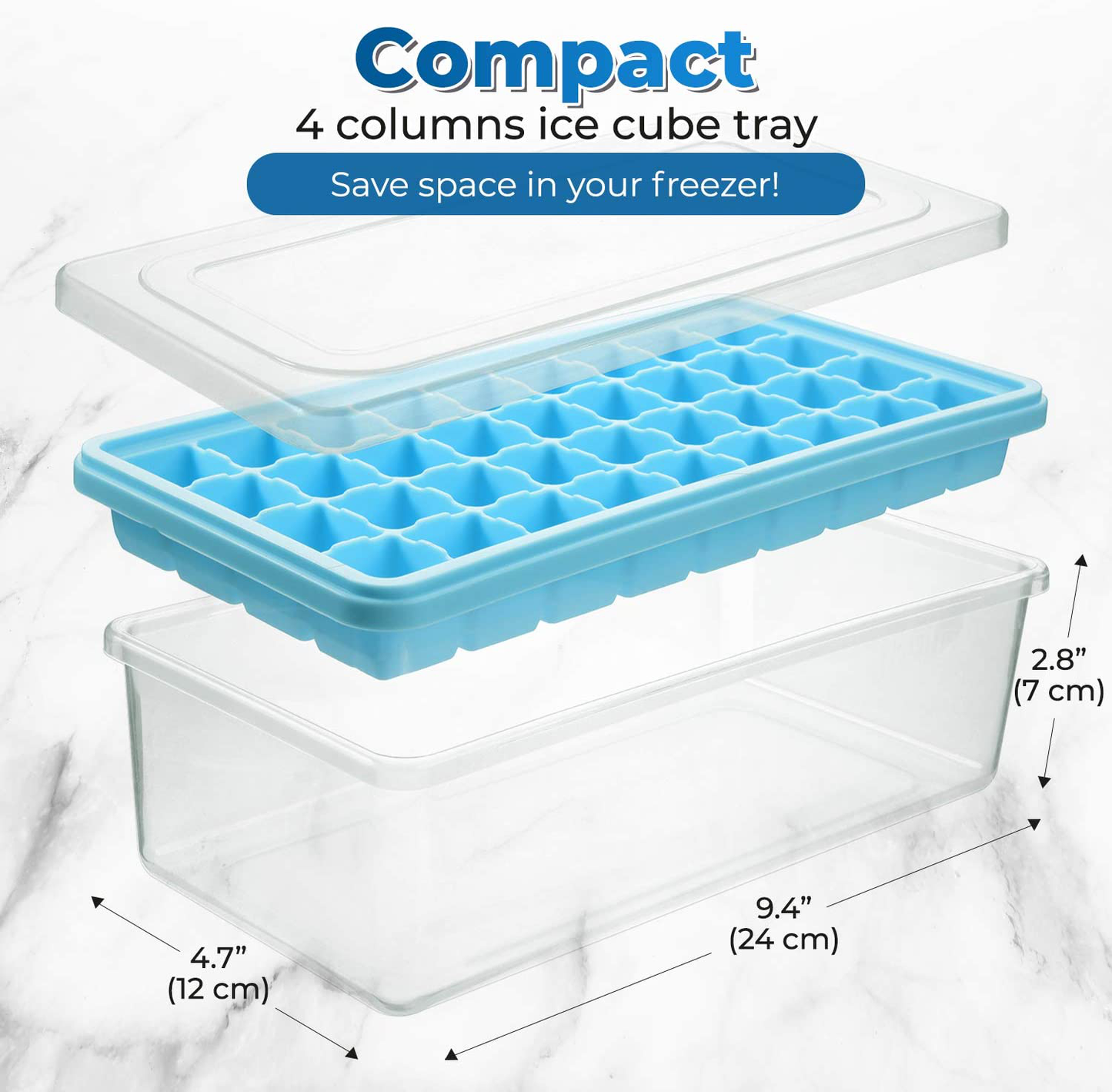 Ice Cube Tray With Lid and Bin - Silicone Ice Tray For Freezer | Comes with Ice Container, Scoop and Cover | Good Size Ice Bucket (Blue)