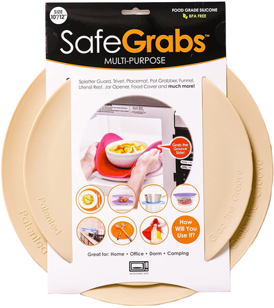 Safe Grabs: Multi-Purpose Silicone Original Microwave Mat as Seen on Shark Tank | Splatter Guard, Trivet, Hot Pad, Pot Holder, Minimize Mess (BPA Free, Heat Resistant, Dishwasher Safe) Set of 2 Beige