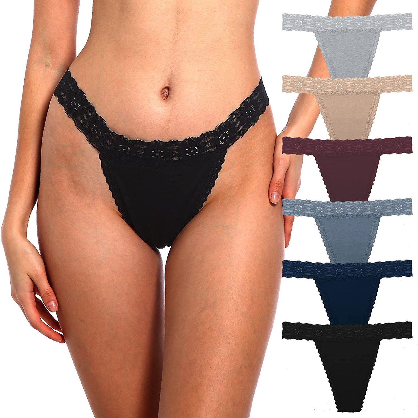 Women'S Sexy Lace Cotton Thongs Low Waist Underwear Soft Seamless Panties 6-Pack