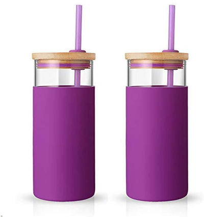 tronco 20oz Glass Tumbler Glass Water Bottle Straw Silicone Protective Sleeve Bamboo Lid - BPA Free (Violet/2-Pack)
