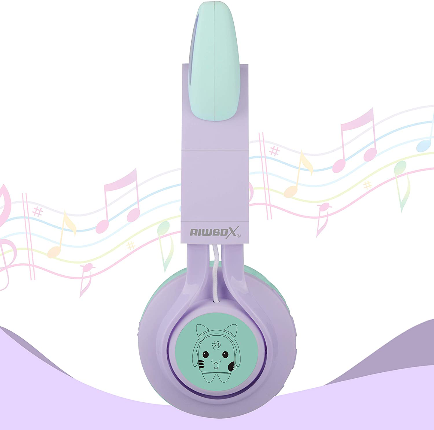 Kids Headphones, Riwbox CT-7S Cat Ear Bluetooth Headphones 85Db Volume Limiting,Led Light up Kids Wireless Headphones over Ear with Microphone for Laptop/Pc/Tv (Purple&Green)