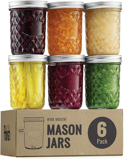 Quilted Wide Mouth Glass Mason Jars - 16-Ounce (6-Pack) Canning Jars with Lids and Bands, Chalkboard Labels, for Canning, Preserving, Pickling, Meal Prep, Jam, Jelly, Overnight Oats, Dishwasher Safe