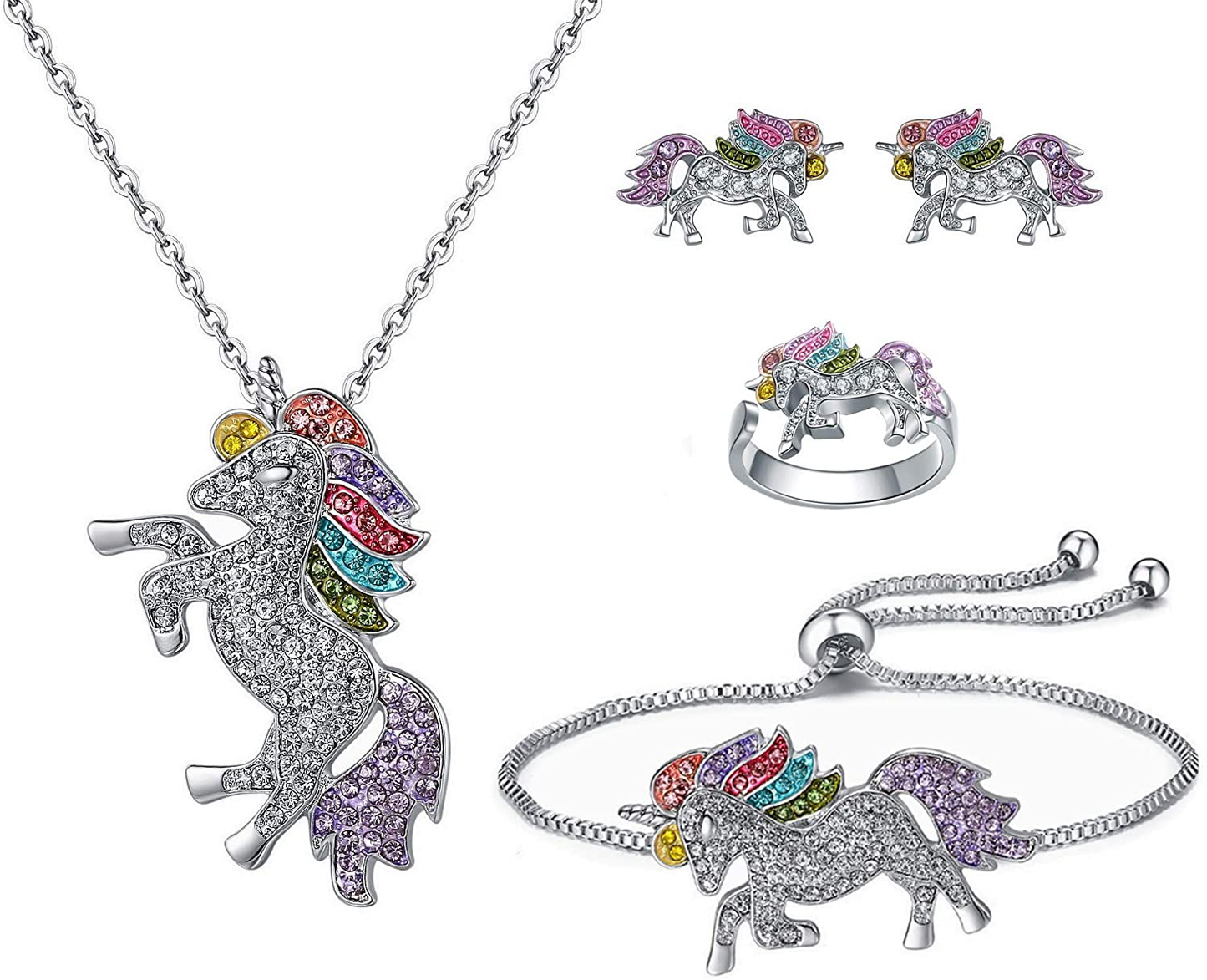 SHWIN Unicorn Necklace - 2 or 4 Pack Rainbow Unicorn Necklace Bracelet Set for Girls Jewelry Unicorn Gifts Set