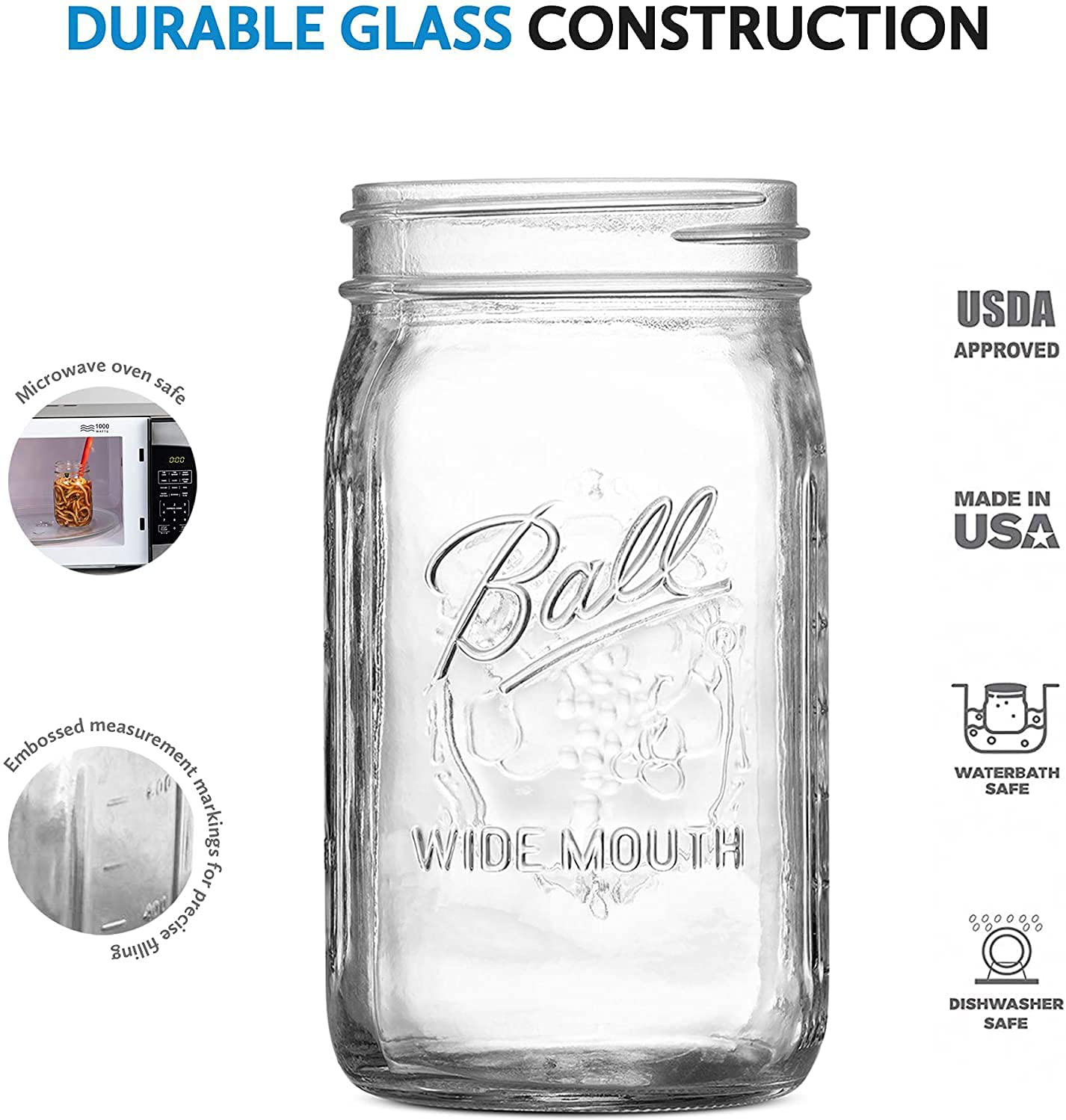 Ball Regular Mouth Mason Jars 32 oz [4 Pack] With mason jar lids and Bands, Ball mason jars 32 oz - For Canning, Fermenting, Pickling, Jar Decor - Microwave/Freeze/Dishwasher Safe + SEWANTA Jar Opener