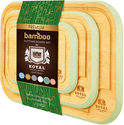 Bamboo Cutting Board Set with Juice Groove (3 Pieces) - Kitchen Chopping Board for Meat (Cutting Board) Cheese and Vegetables (Green)