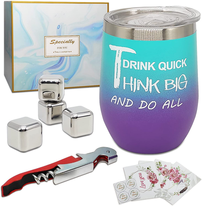 Gifts for Women, Tumbler Birthday Gift Set with Inspiration Saying for Mom Friends Sister Lover, 12 Oz Insulated Wine Glass Come with Bottle Opener, Ice Cubes and Greeting Cards