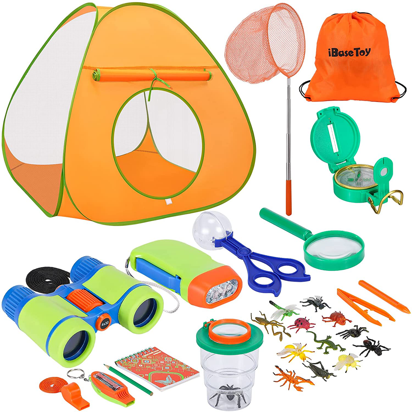 Ibasetoy Kids Camping Set with Tent 28 PCS - Camping Toys Adventure Kit for Kids Toddlers Boys - Including Binoculars, Compass, Flashlight, Bug Catching Kit, Camping Tent and Etc