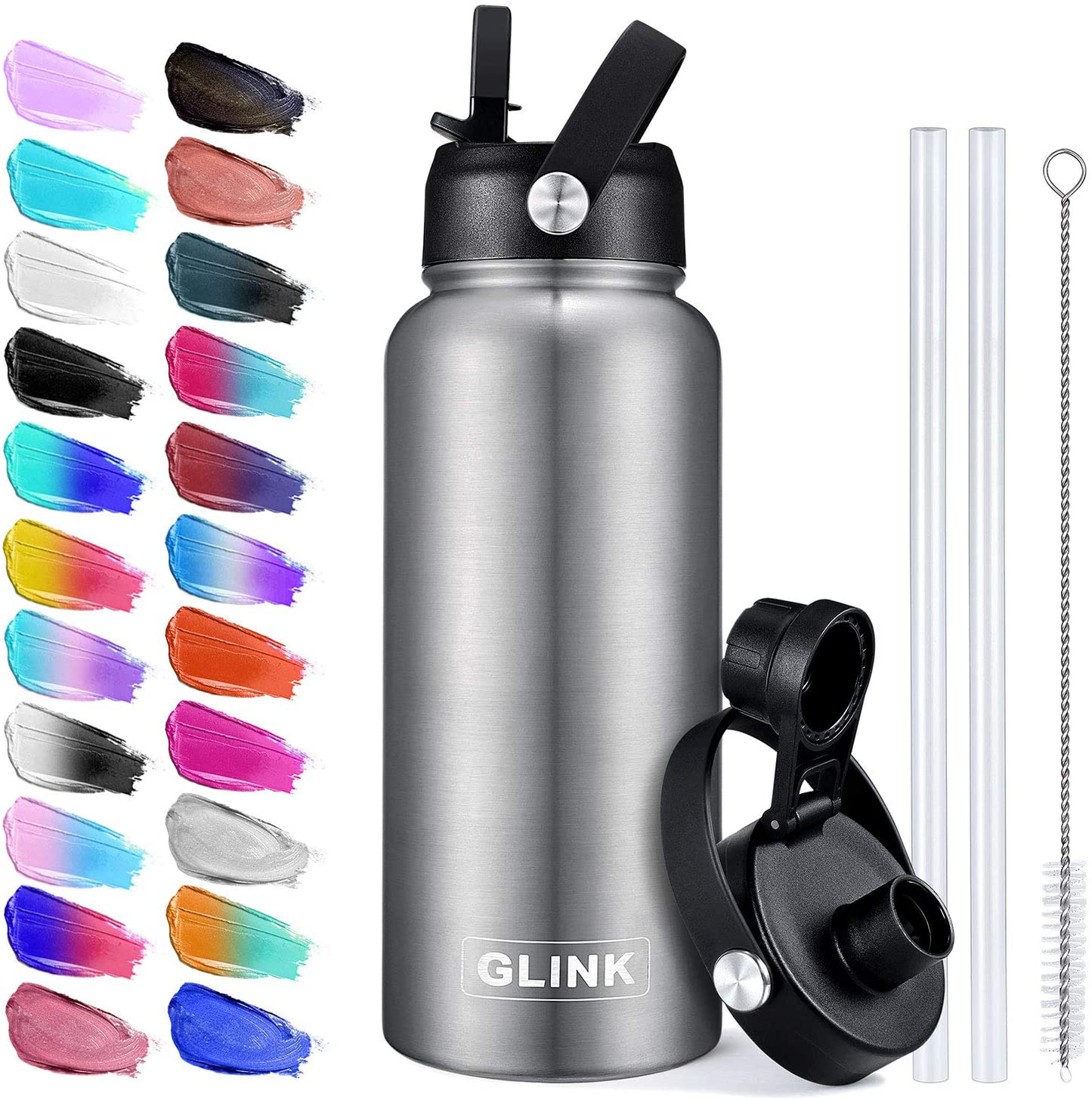 Glink Stainless Steel Water Bottle with Straw, 32-40 oz Wide Mouth Double Wall Vacuum Insulated Water Bottle Leakproof, Straw Lid and Spout Lid with New Rotating Rubber Handle