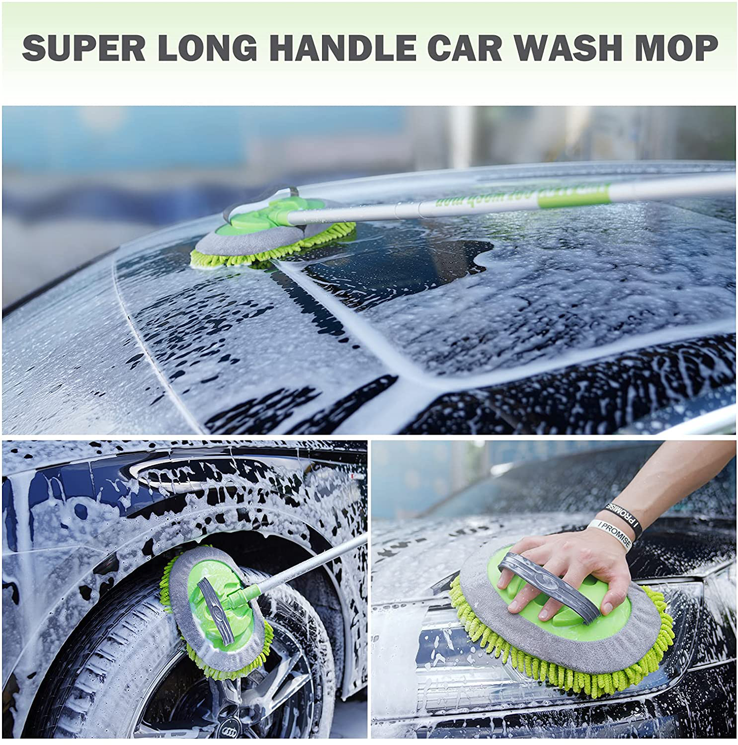 HIRALIY 2 in 1 Car Wash Brush, 62" Car Wash Mop with Long Handle, Chenille Microfiber Car Washing Mitt, Extension Pole Flexible Rotation Scratch Free, Used to Clean Trucks, RVs, Pickups, and Buses