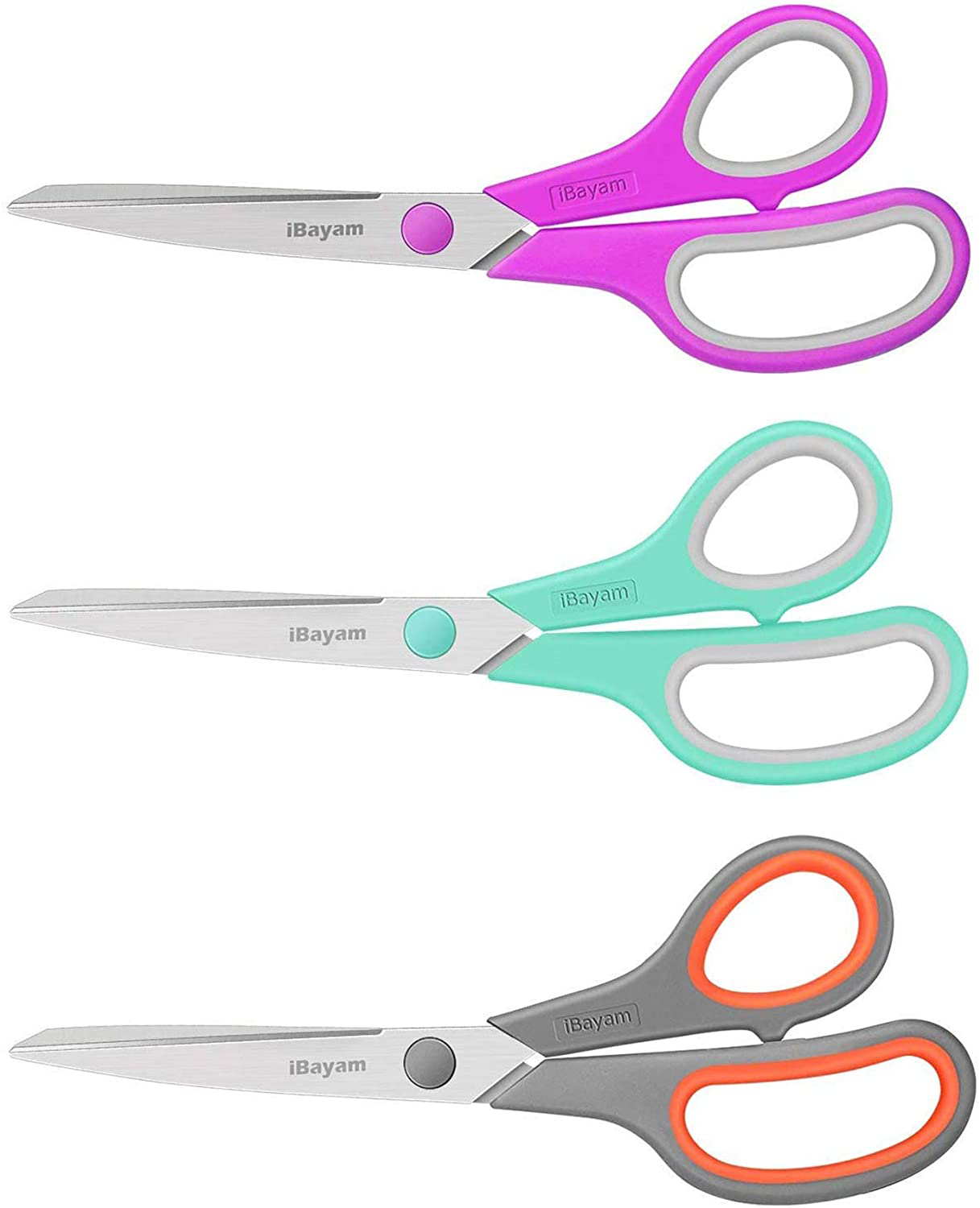 Scissors, iBayam 8" Multipurpose Scissors Bulk 3-Pack, Ultra Sharp Blade Shears, Comfort-Grip Handles, Sturdy Sharp Scissors for Office Home School Sewing Fabric Craft Supplies