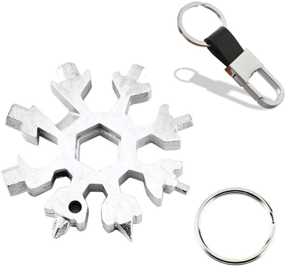 18-in-1 Snowflake Multi-tool, Stainless Combination Compact Portable Outdoor Products Tool Card Keychain Bottle Opener (Silver A)