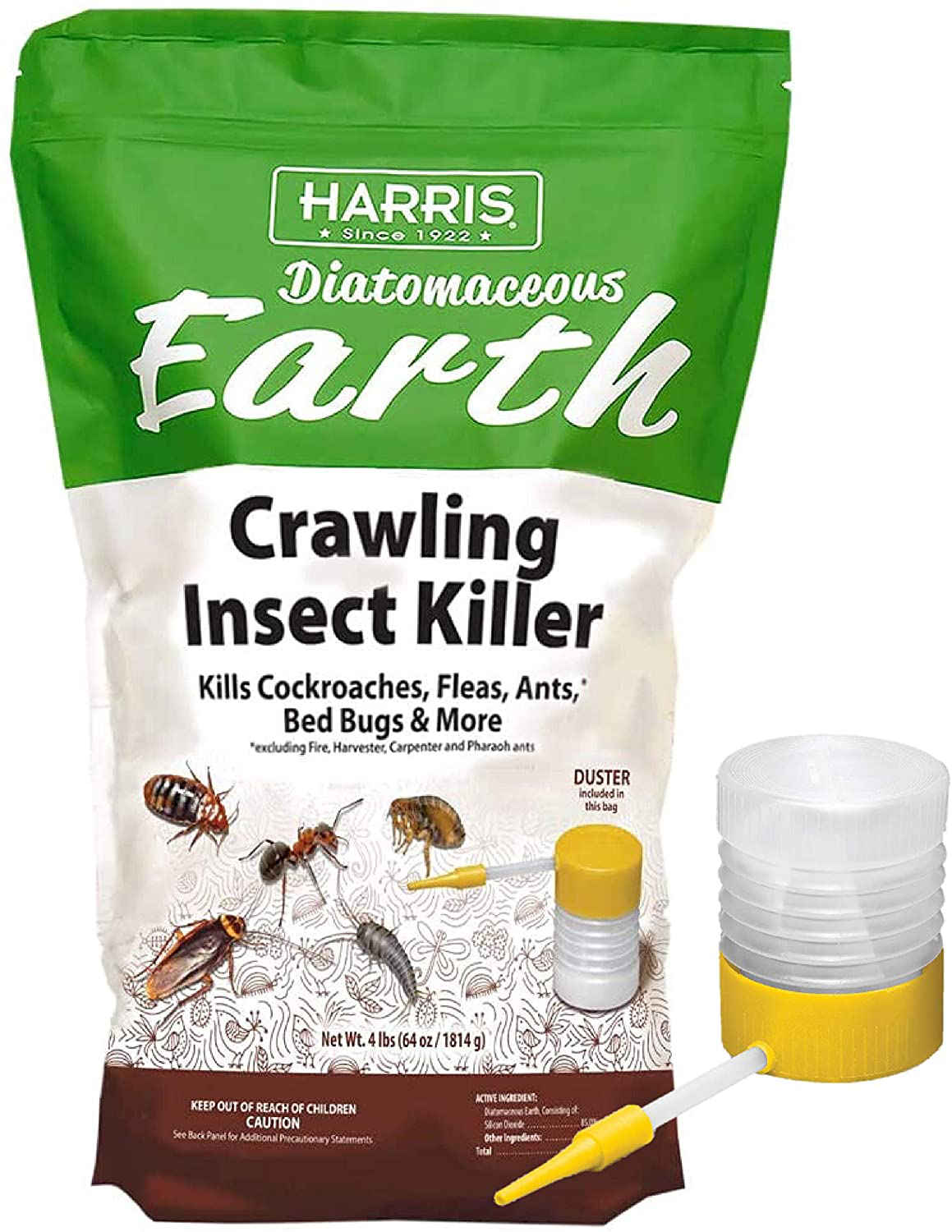 HARRIS Diatomaceous Earth Crawling Insect Killer, 4lb with Powder Duster Included Inside The Bag