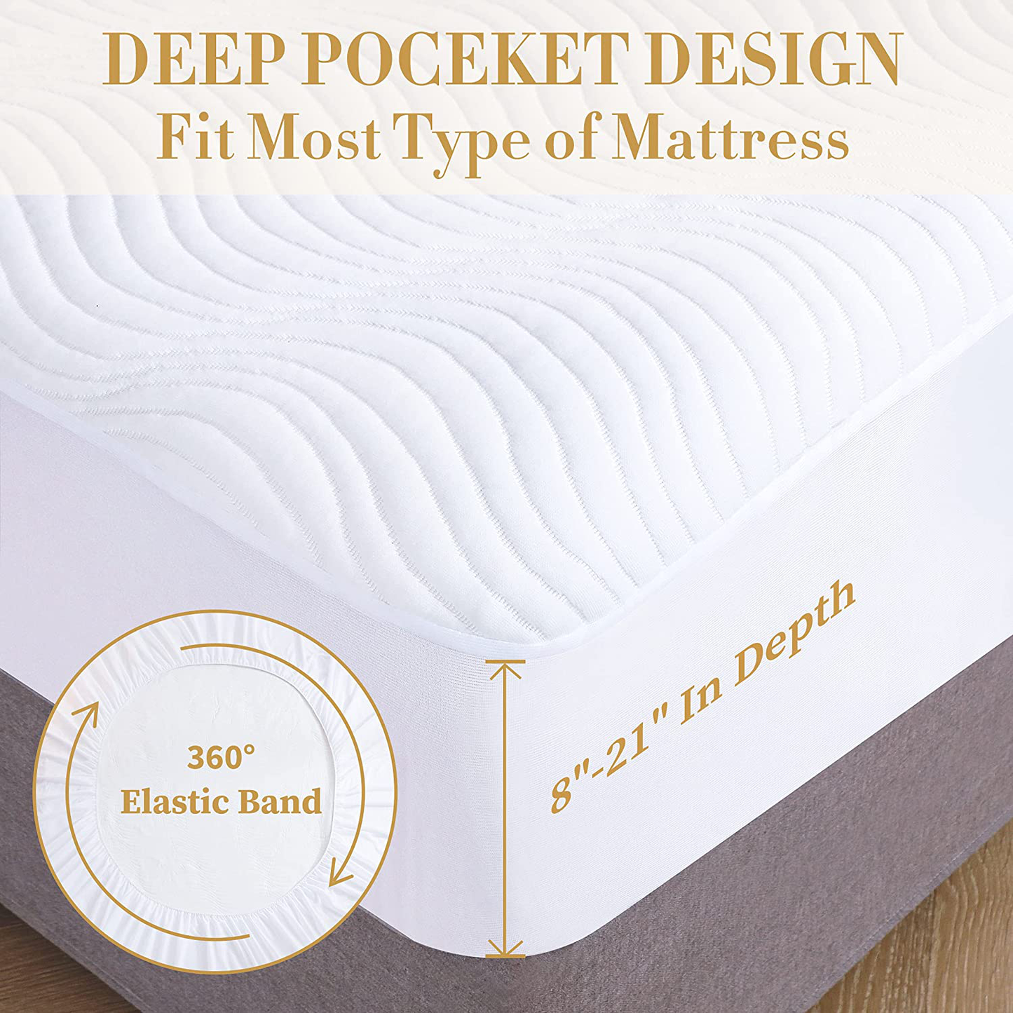 Full Size Waterproof Mattress Pad, 3D Air Fiber Fabric Mattress Protector, Stain Release Breathable Smooth Mattress Cover Stretches Up to 21" Inches Deep Pocket