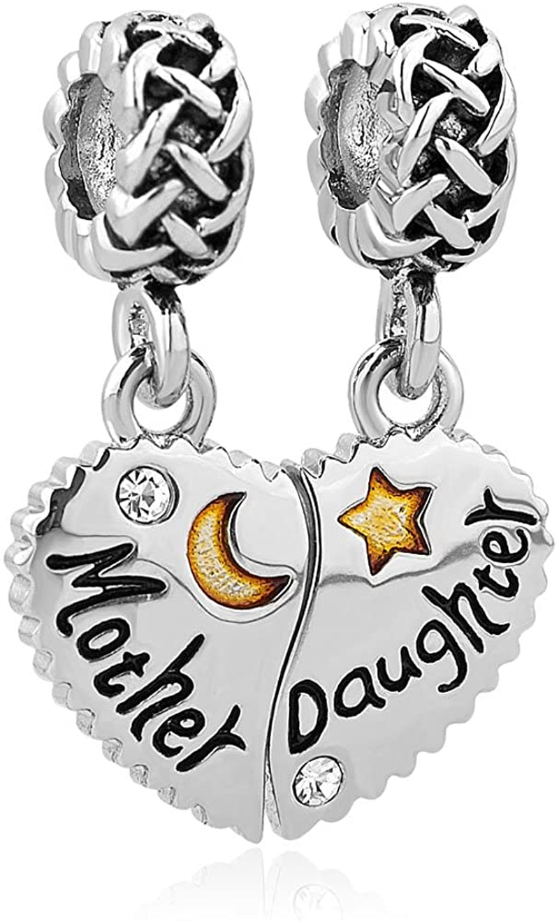 Charmsstory Mom Mother Daughter Heart Love Dangle Charm Beads for Snake Chain Bracelet