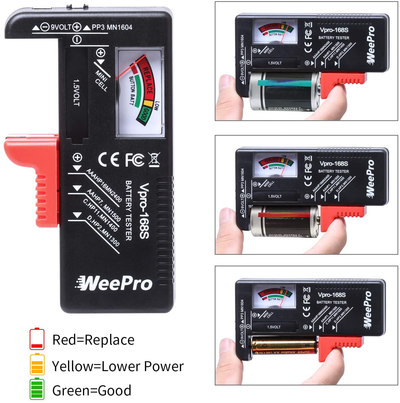 Battery Tester Checker by WeePro - Universal Battery Tester Monitor for AA AAA C D 9V 1.5V Button Cell Batteries - Household Battery Life Level Testers Power Meter