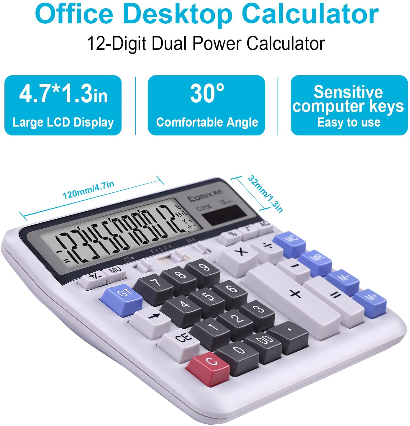 Comix Desktop Calculator Solar Battery Dual Power with 12-Digit Large LCD Display and Large Computer Keys Office Calculator for Home Office School