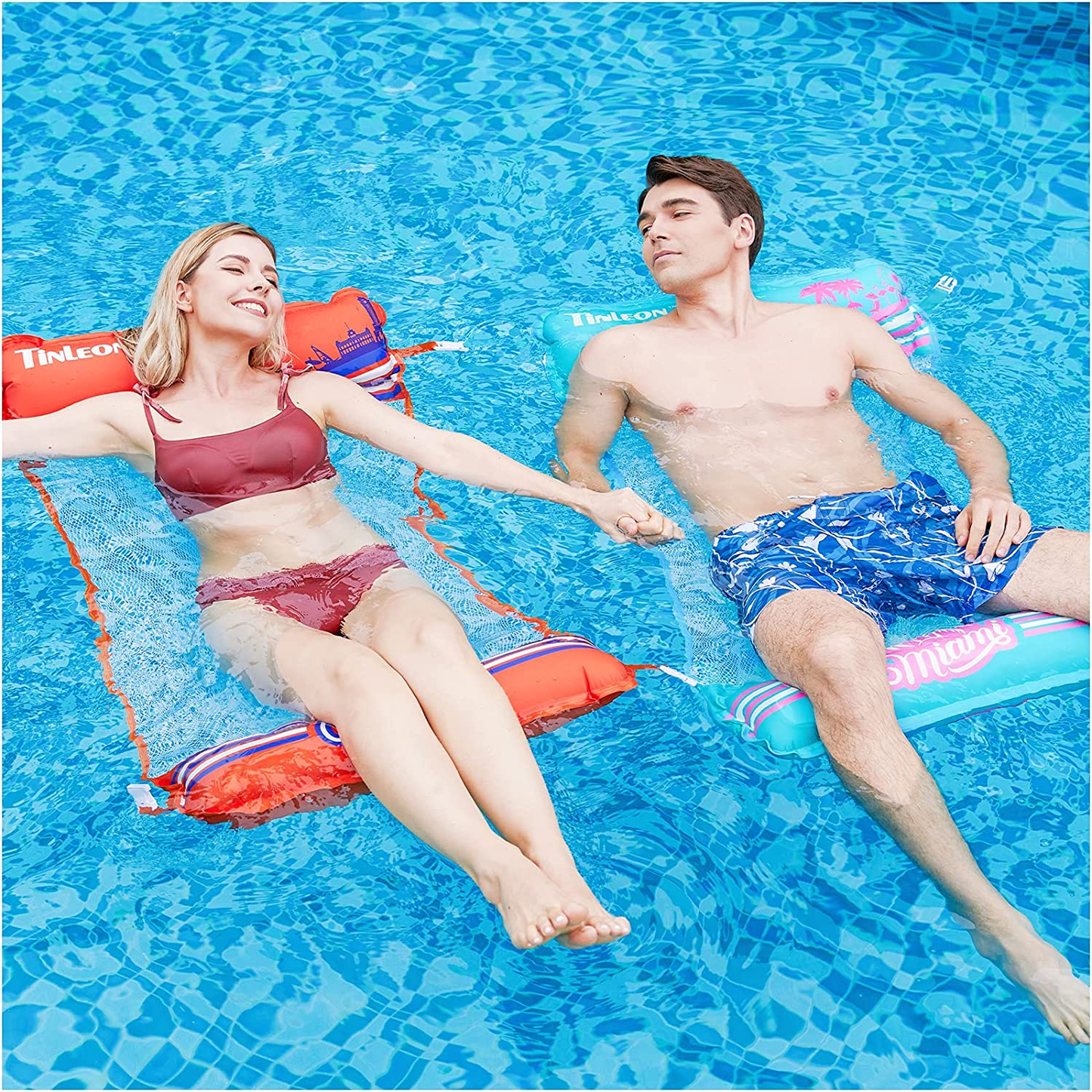 Pool Float Hammock for Adults: 2-Pack Inflatable Pool Float for Adults, City Series Miami & Hawaii Theme Floats -Multi-Purpose (Saddle, Lounge Chair, Hammock, Drifter) Portable Water Hammock