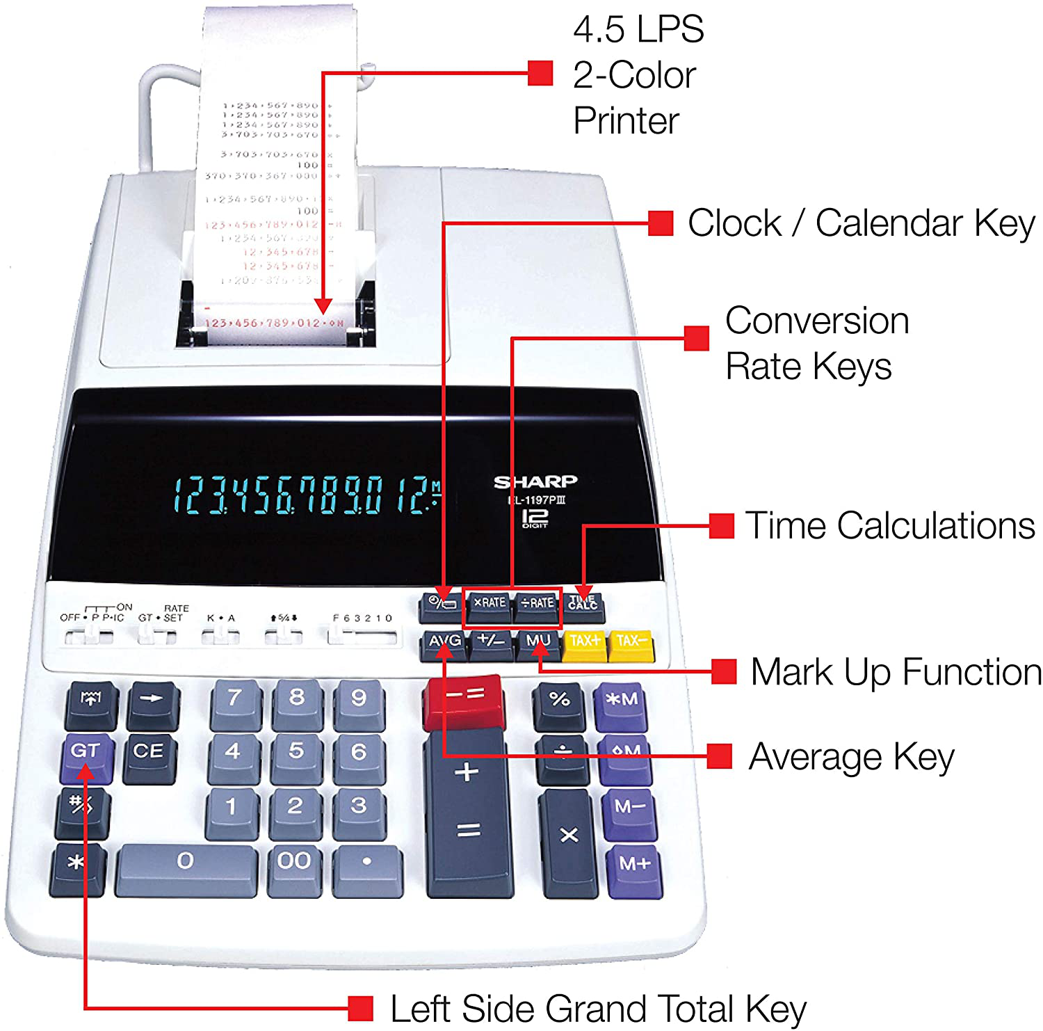 Sharp EL-1197PIII Heavy Duty Color Printing Calculator with Clock and Calendar