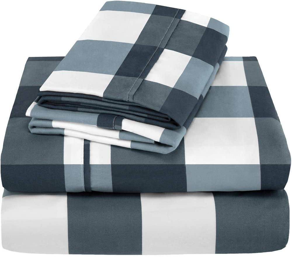 Bare Home Twin XL Sheet Set - College Dorm Size - Premium 1800 Ultra-Soft Microfiber Twin Extra Long Sheets - Double Brushed - Twin XL Sheets Set - Deep Pocket - Bed Sheets (Twin XL, Gingham Blue)