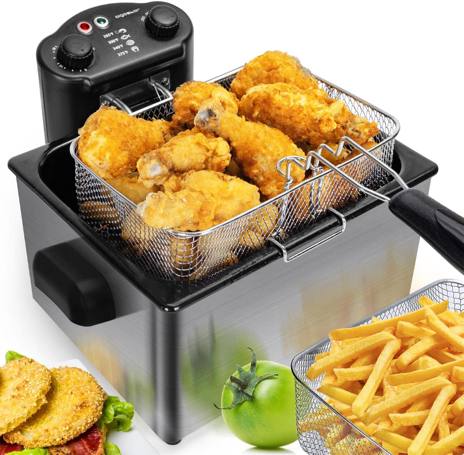 Aigostar Deep Fryer with 3 Baskets and Lid, Electric Deep Fat Fryers with Timer and Temperature, 4.2Qt Oil Large Capacity, ETL Certificated, 1650W