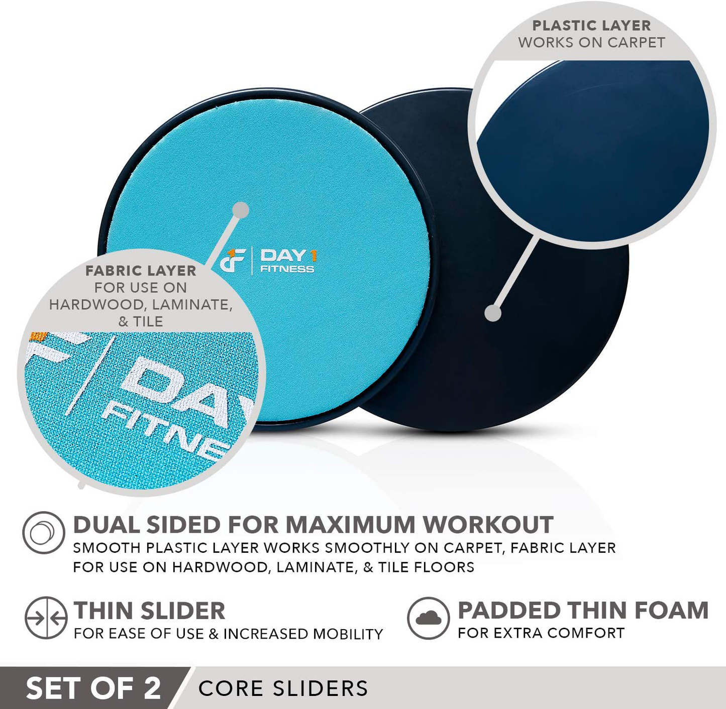 Core Sliders by Day 1 Fitness, Set of 2 Black/Mint, Dual Sided for Carpet and Hard Floors - Premium, Multipurpose Gliding Discs to Strengthen Abs, Lower Back - Portable Abdominal Equipment