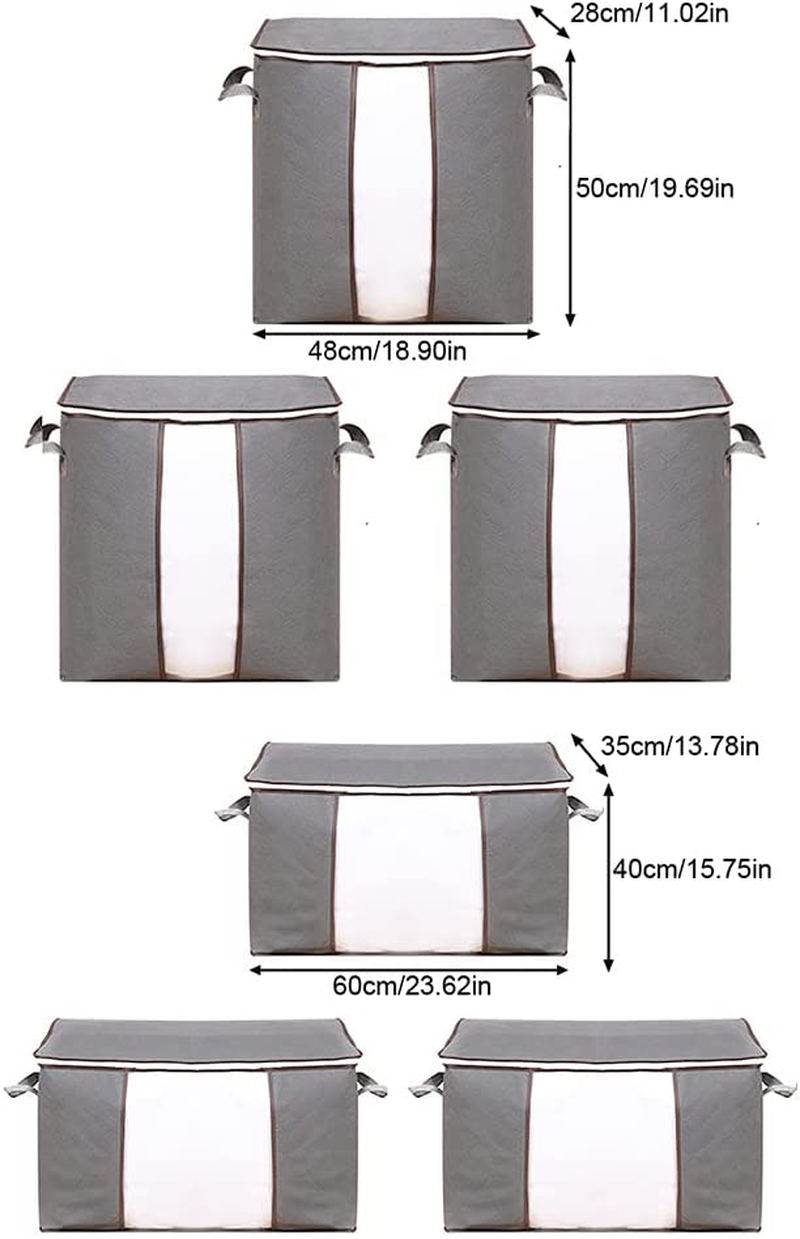 6 Pcs Foldable Clothes Storage Bags W/ Handle & Transparent Window, under Bed or Closet Organizers Zippered Storage Containers 2 Sizes for Clothing Blanket Bedding Organizing (Grey - 6 Pcs)