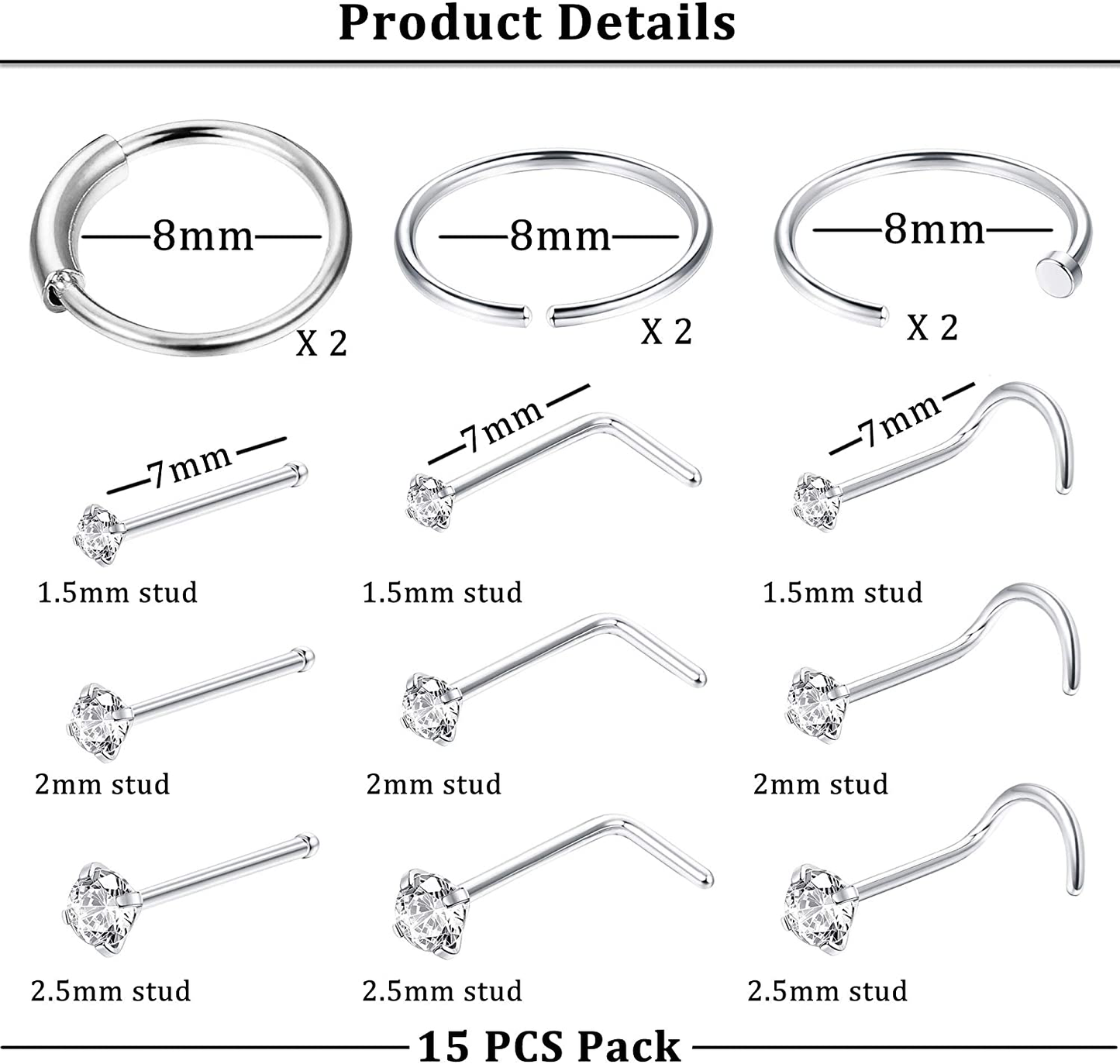 Finrezio 15PCS 22G Surgical Steel Nose Rings Hoop Studs Cartilage Earrings Body Piercing Jewelry 1.5mm 2mm 2.5mm CZ