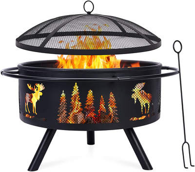 STBoo Fire Pit Wood Burning, 30" Large Outdoor Firepits with Spark Screen, Round Metal Bowl, Fire Ring, Fire Poker, Portable Fireplace for Camping Picnic, Bonfire Patio, Backyard Garden, Beaches Park.