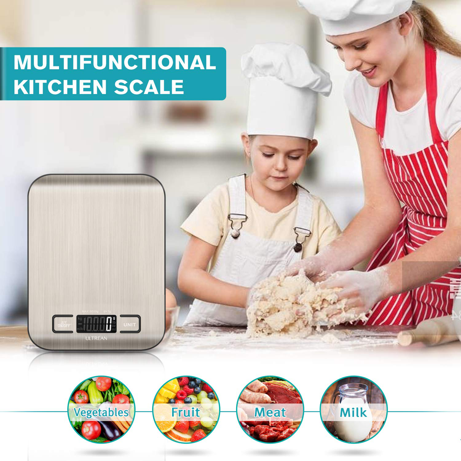 Ultrean Food Scale, Digital Kitchen Scale Weight Grams and Ounces for Baking and Cooking, 6 Units with Tare Function, 11Lb (Batteries Included)