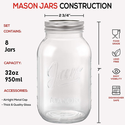 8 PACK Mason Jars 32 Oz, Large Regular Mouth Canning Jars with Metal Airtight Lids and Bands, Extra Leak-Proof Colored Lids, Chalkboard Labels, Marker, for Meal Prep, Food Storage, Canning, Preserving