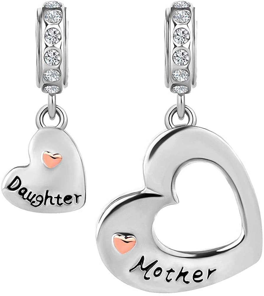 Charmsstory Mom Mother Daughter Heart Love Dangle Charm Beads for Snake Chain Bracelet