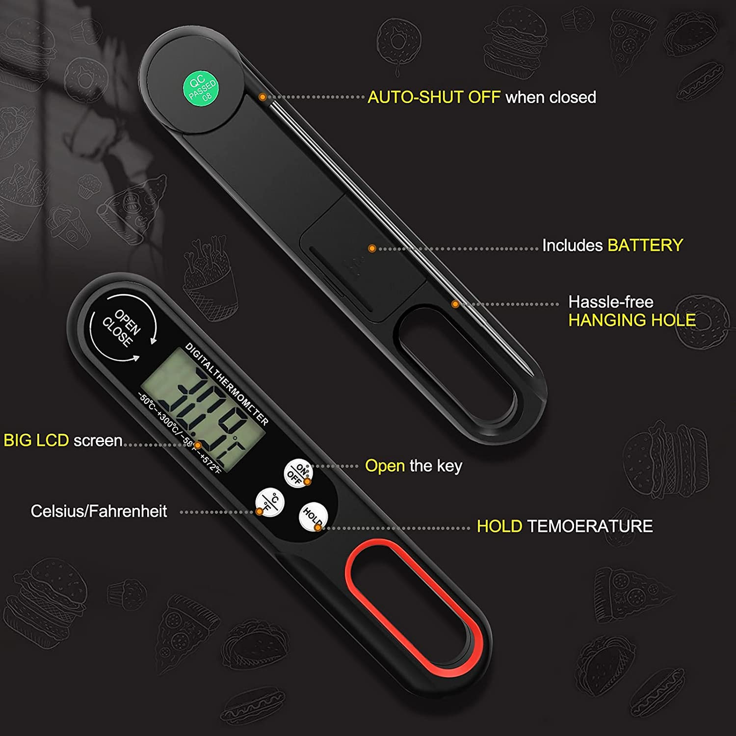 Instant-Read Thermometer, Digital Cooking Thermometer, Digital Meat Thermometer, Fold Pocket Thermometer