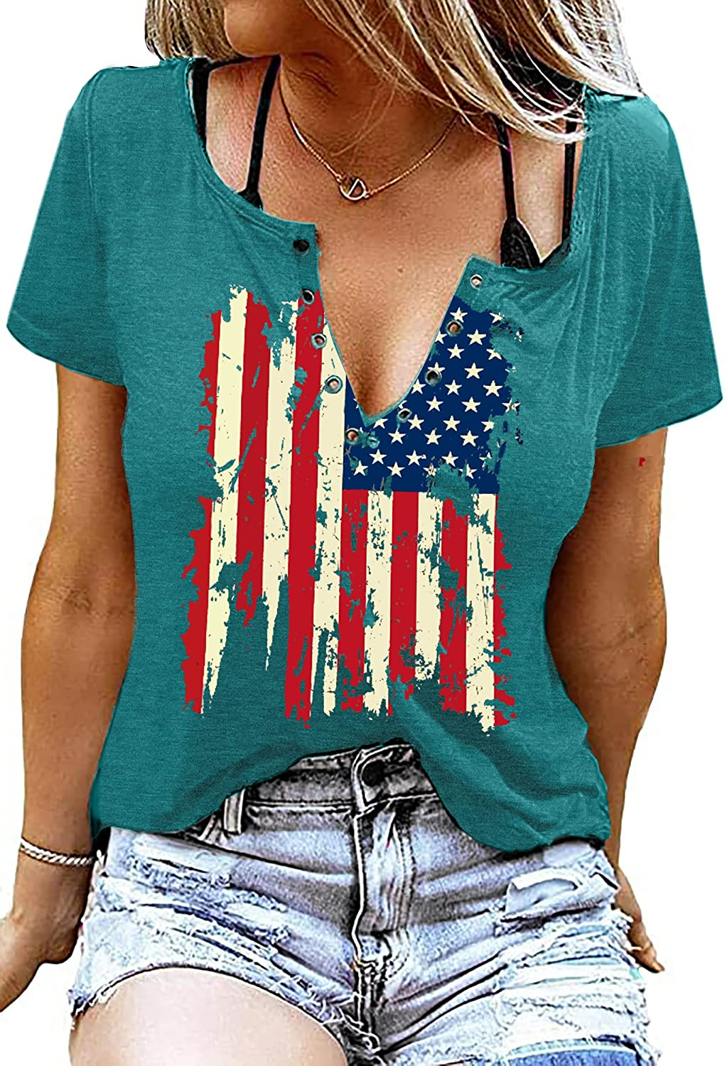 American Flag Shirt Tops Womens 4Th of July T-Shirts Ring Hole Short Sleeve Sexy V-Neck Patriotic Tees