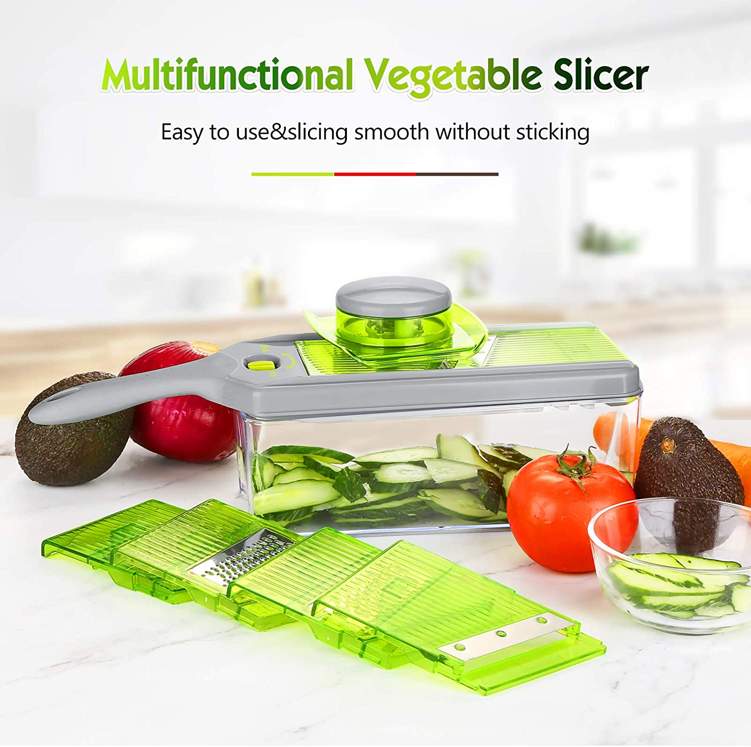 Mandoline Slicer Thickness Adjustable, FITNATE 9 in 1 Vegetable Chopper and Slicer with 5 Replaceable Slicing Blades, Cheese Slicer Salad Chopper with Container, Great for Salad and Cheese