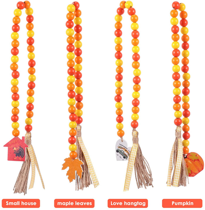 VALICLUD Thanksgiving Wooden Bead Garland Wreath with Tassel with Maple Leaves Pumpkin Beads for Thanksgiving Fall Harvest Party Farmhouse Wall Hanging Decorations