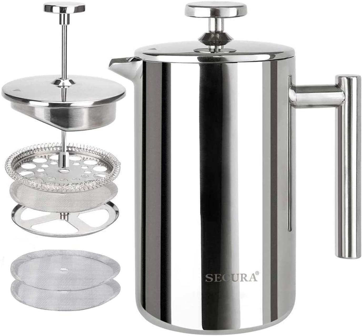 Secura French Press Coffee Maker, 304 Grade Stainless Steel Insulated Coffee Press with 2 Extra Screens, 50oz (1.5 Litre), Silver